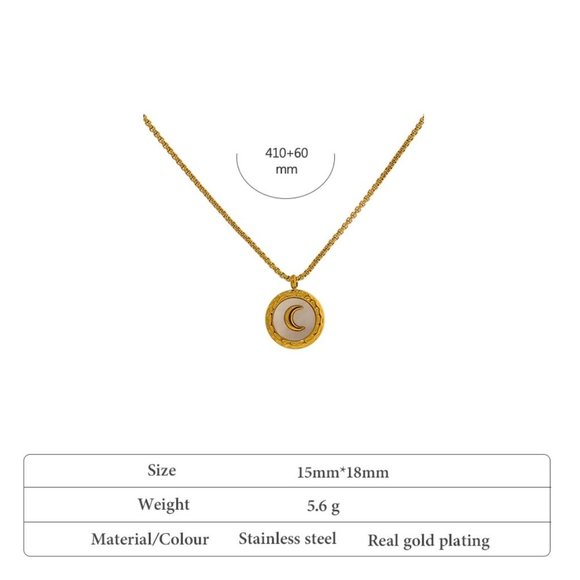 New 18K Gold Plated White Shell Moon Round Pendant Necklace - Picture 4 of 6